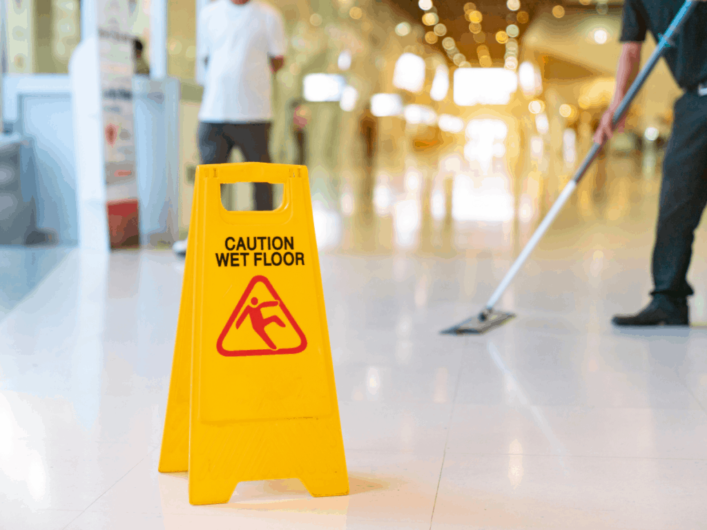 a janitor mops after placing a caution wet floor sign to prevent slip and fall injuries