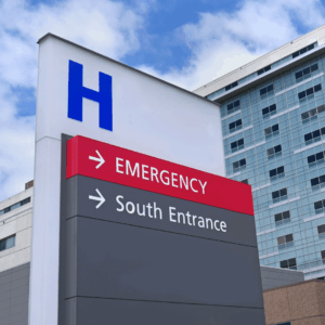 view of hospital entrance sign after getting hospital lien