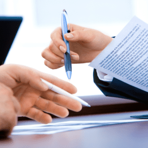 a personal injury lawyer passes a pen to a client as they review legal paperwork