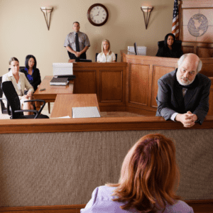a personal injury attorney questions client in courtroom