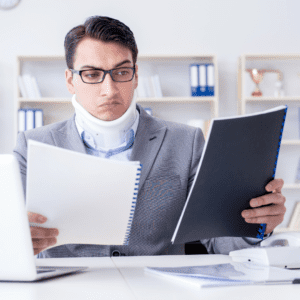 Injury victim sits at desk in front of computer and holds up two different booklets to compare two attorneys and decide which one to hire after doing initial research.