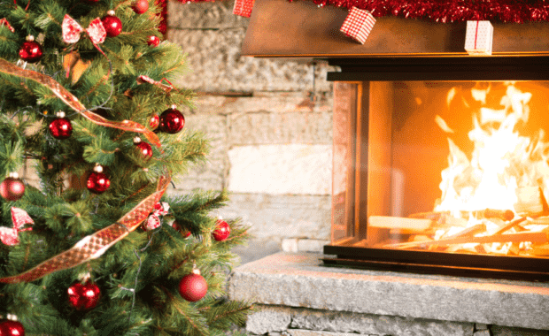 fireplace burns a fire on christmas day