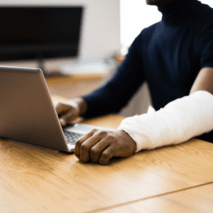 An injured construction worker sits at home on his computer trying to understand worker's compensation law.
