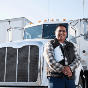 Truck driver poses in front of 18-wheeler