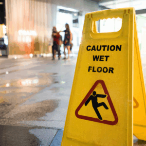 A yellow caution sign on a wet floor in a public space